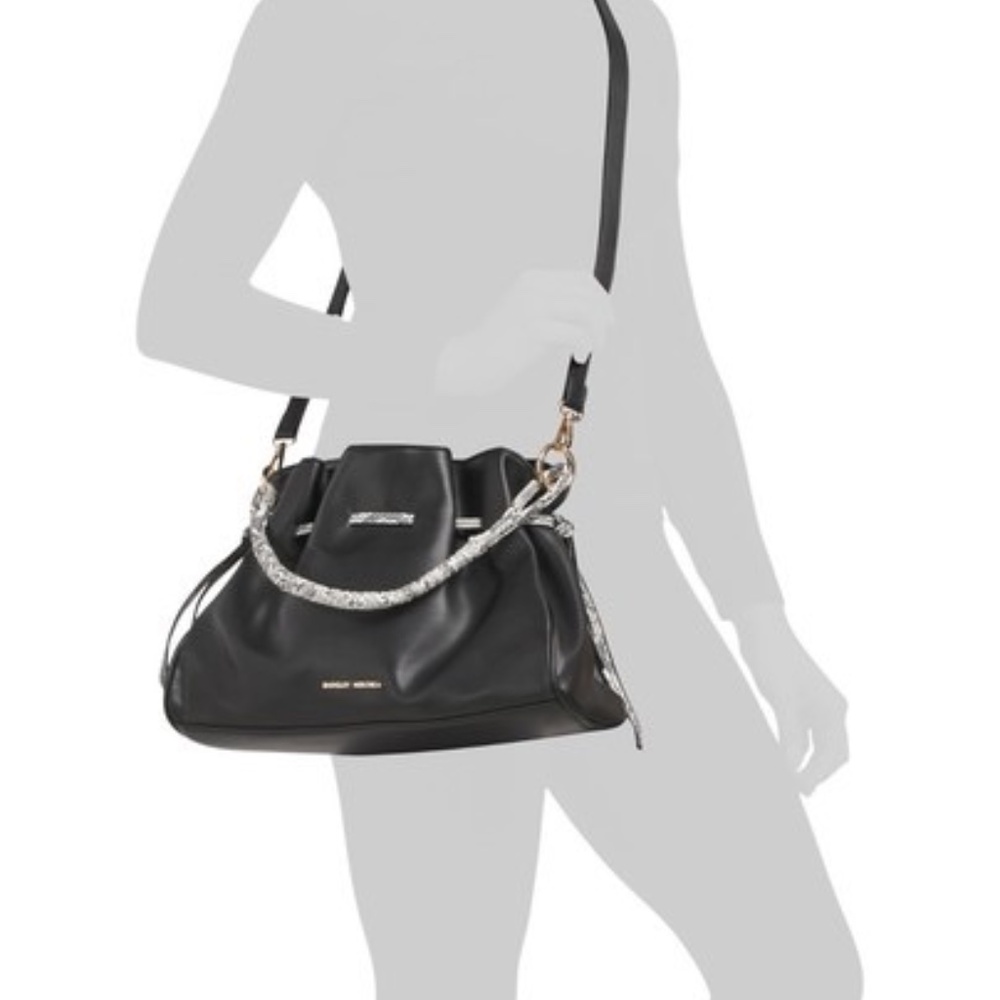 BADGLEY MISCHKA Vegan Drawstring Purse Snake Trim Crossbody New Black - Picture 13 of 13